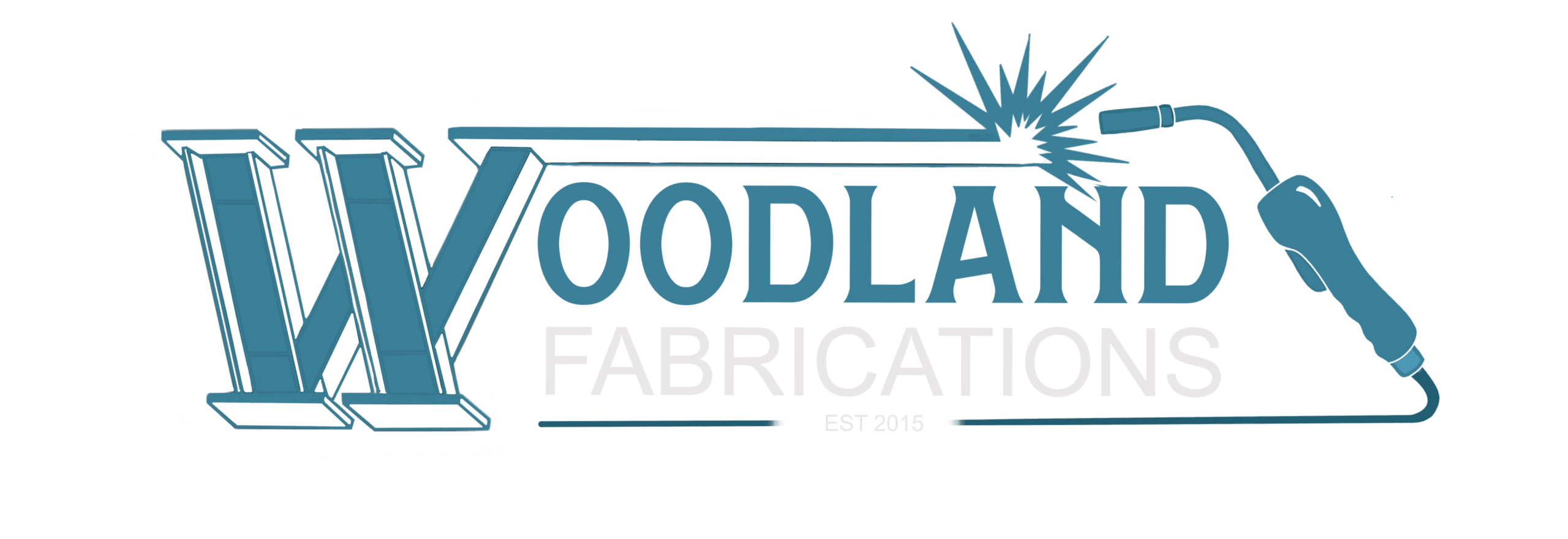 Woodland Fabrications logo with steel beam styled “W” and welding torch graphic, EST 2015.