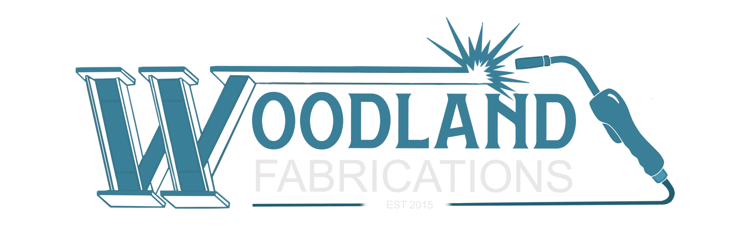 Woodland Fabrications logo with steel beam styled “W” and welding torch graphic, EST 2015.
